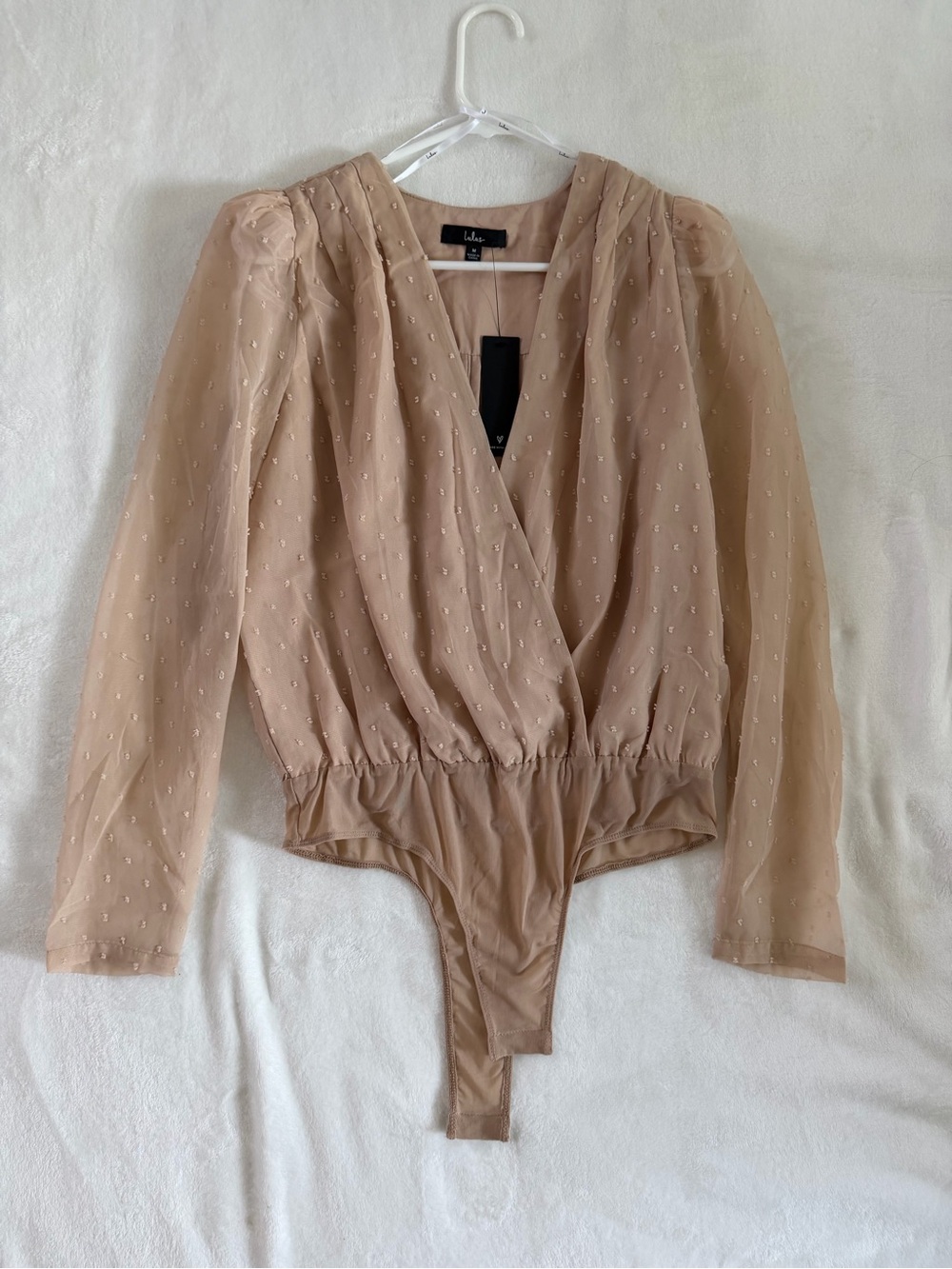 Lulu's Nude Sheer Swiss Dot Surplice Bodysuit